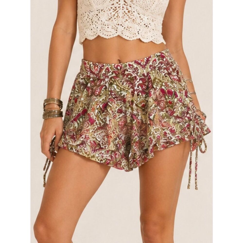 RAGA Paisley Boho Ruched Tie Side Shorts XS